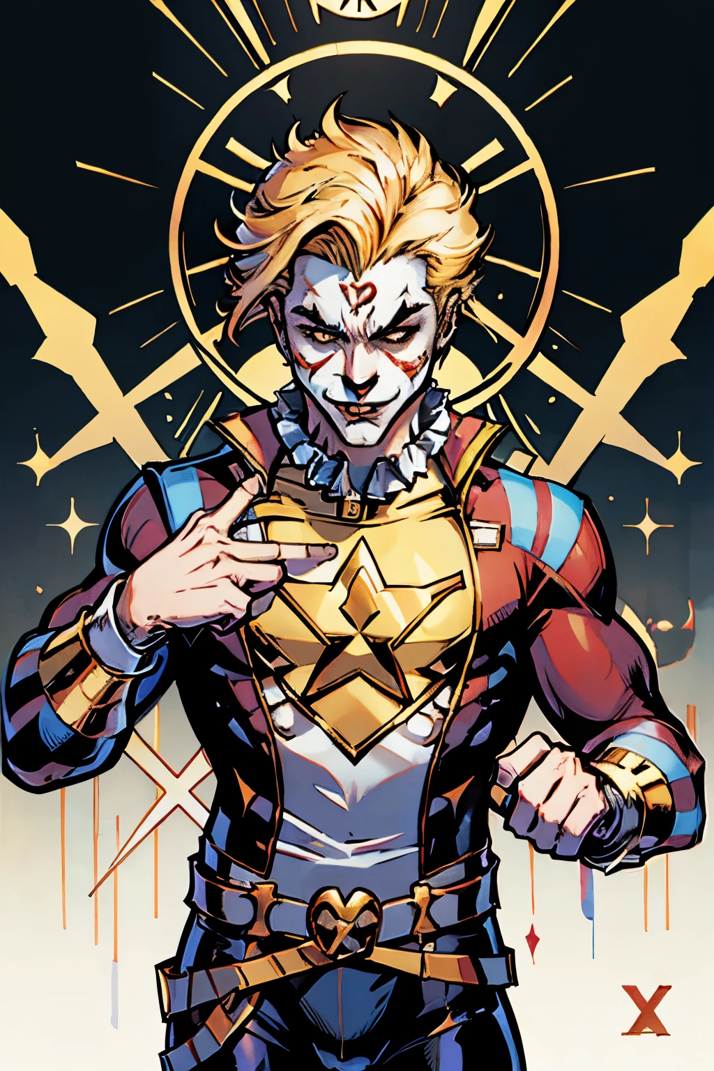 A handsome clown with short hair， There  a large golden X symbol in the background，white backgrounid