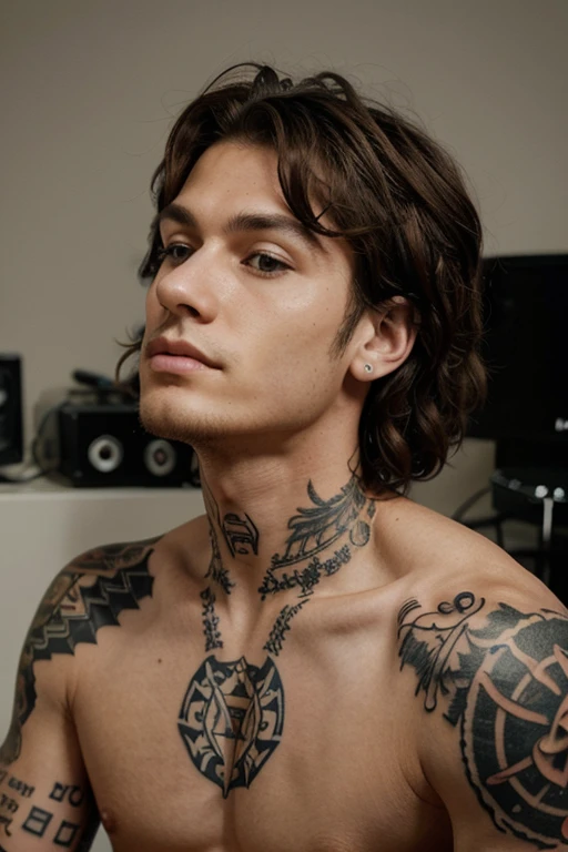 Create several tattoos on the side of the neck about music and sounds on thin men with curly, brown hair