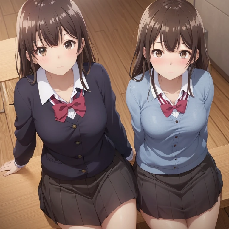 ((two womenは顔を寄せ合って跪いて顔を寄せて口を開けて口で生クリームを受け止める:1.4), (two women:1.2), (There's a lot of sticky white cream in my mouth.:1.2), (A lot of sticky white cream is dripping from the mouth.:1.2), (There's a lot of sticky white cream on my face.:1.2), (A beautiful, perfect tongue:1.1), ((highest quality)), (Super detailed), (Very detailed CG 統合 8k 壁紙), Very detailed, High resolution raw color photos, Professional photography, ((Beautiful big breasts)), Brown Hair, side ponytail, Great face and eyes, Slender body, (amazingly beautiful girl) (School classroom:1.3), ((navy blue blazer:1.2), White shirt, checked skirt, (Red ribbon at neck:1.1)), , (Her shirt is open around her chest, exposing her bra, Stylish pink micro lace bra), Exact number of arms, Exact number of legs, Perfect Anatomy, (embarrassed expression, (Expressions of sexual pleasure:1.4), (Expression of enduring pain:1.2), The expression that you are holding back from going to the toilet,happy expression, extremely happy, (open your mouth:1.2)), (Thick white cream dripping down her cleavage:1), Angle from above right