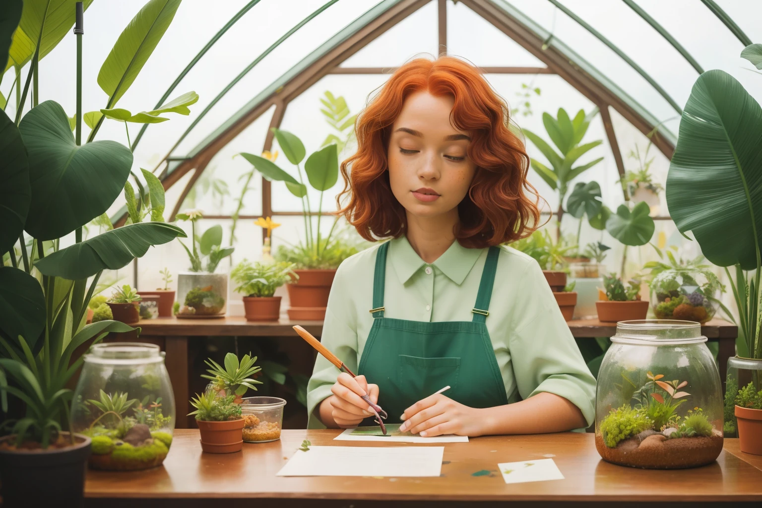 Setting: Daytime Botanical Terrarium Crafting with a Green-Thumbed Enthusiast.
*Description: In a sun-soaked greenhouse, a green-thumbed enthusiast in her early 30s teaches a group of diverse participants, including a freckled artist with messy auburn hair, the art of crafting botanical terrariums. The characters immerse themselves in the magical world of miniature ecosystems.