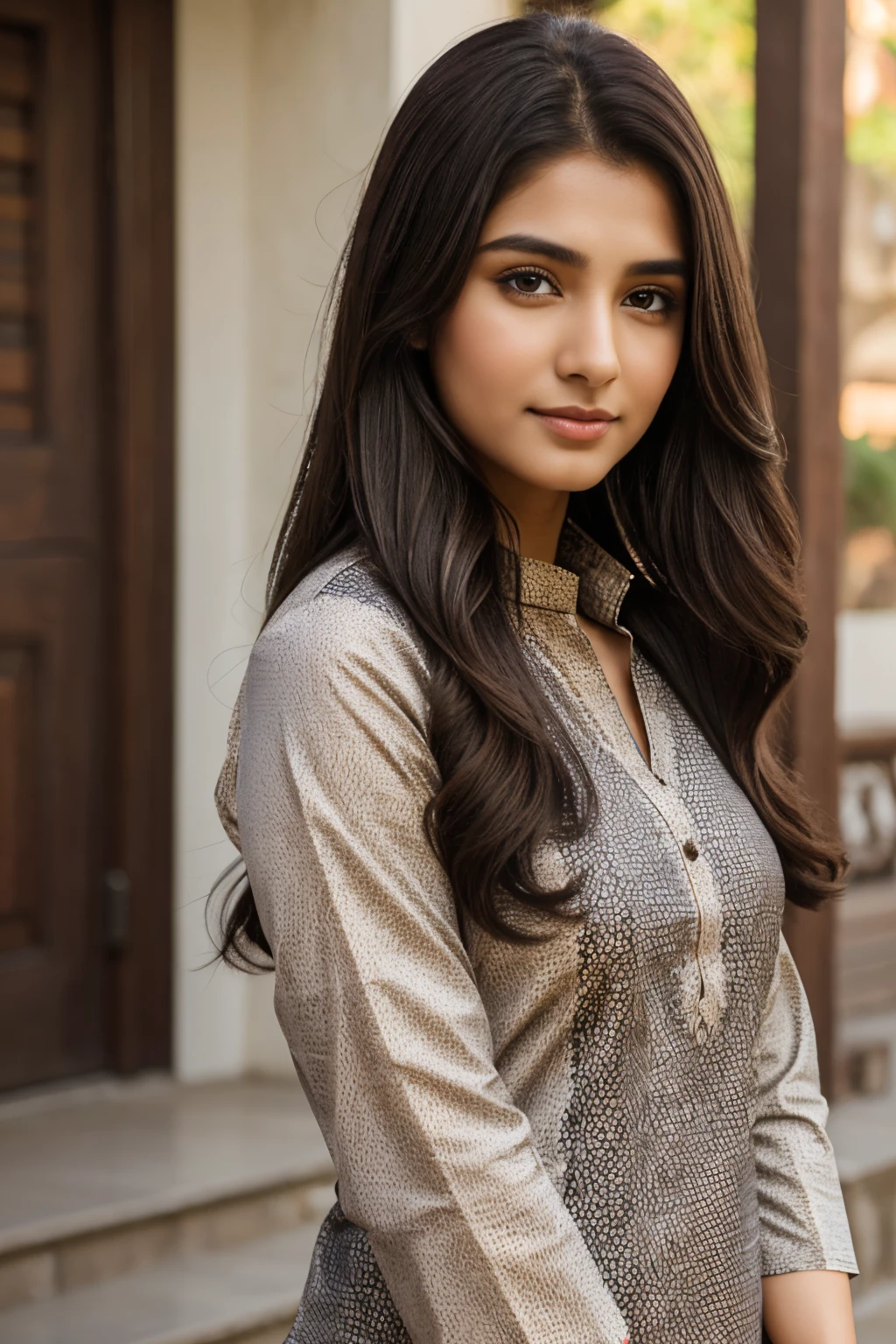 Beautiful ,23 years young girl healthy,confident looking,8k,realistic,dark brown hair,fair skin, indian,long hair,clear facial features, wearing same printed kurta with leggings,