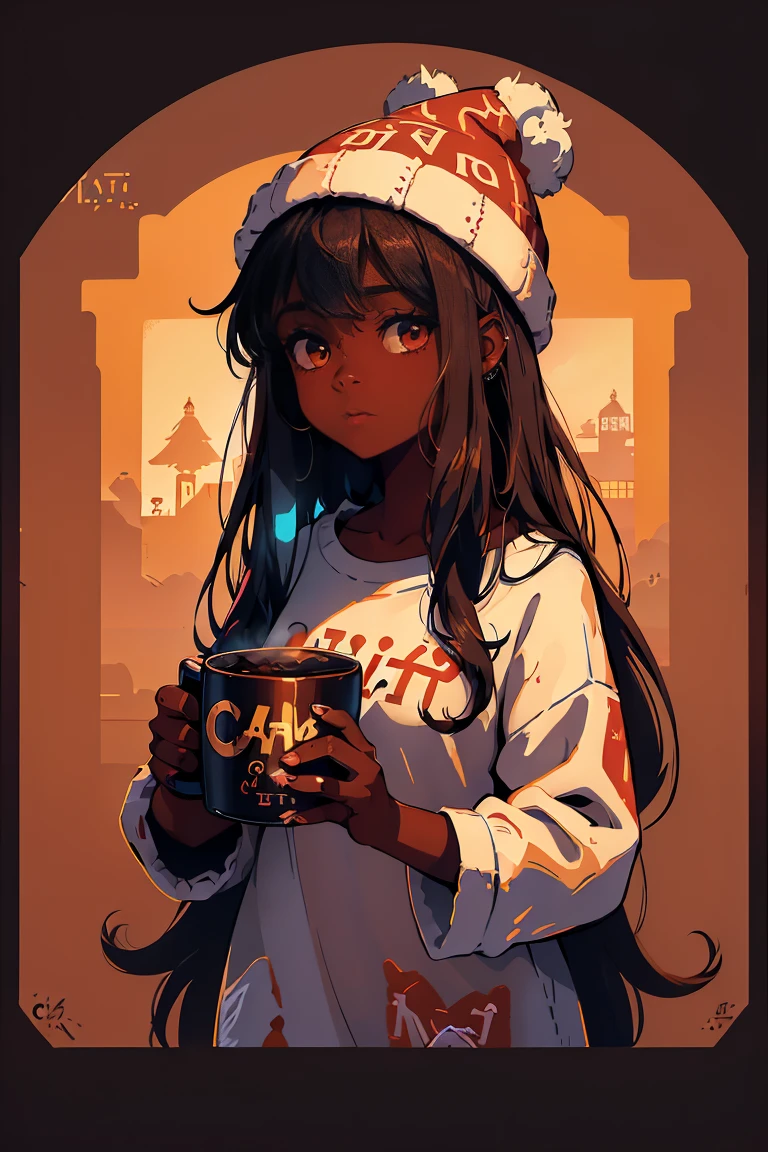 Dark skin pretty young woman in an oversized fuzzy fitted shirt, shy, ((holding a mug with the letters “c-a-t-t-y” written on it)), insanely detailed, 4K, 2D illustration, red hat, clearly detailed eyes,  luminous brown eyes, cute button nose, muted pastels and vibrant brown and white, ray tracing