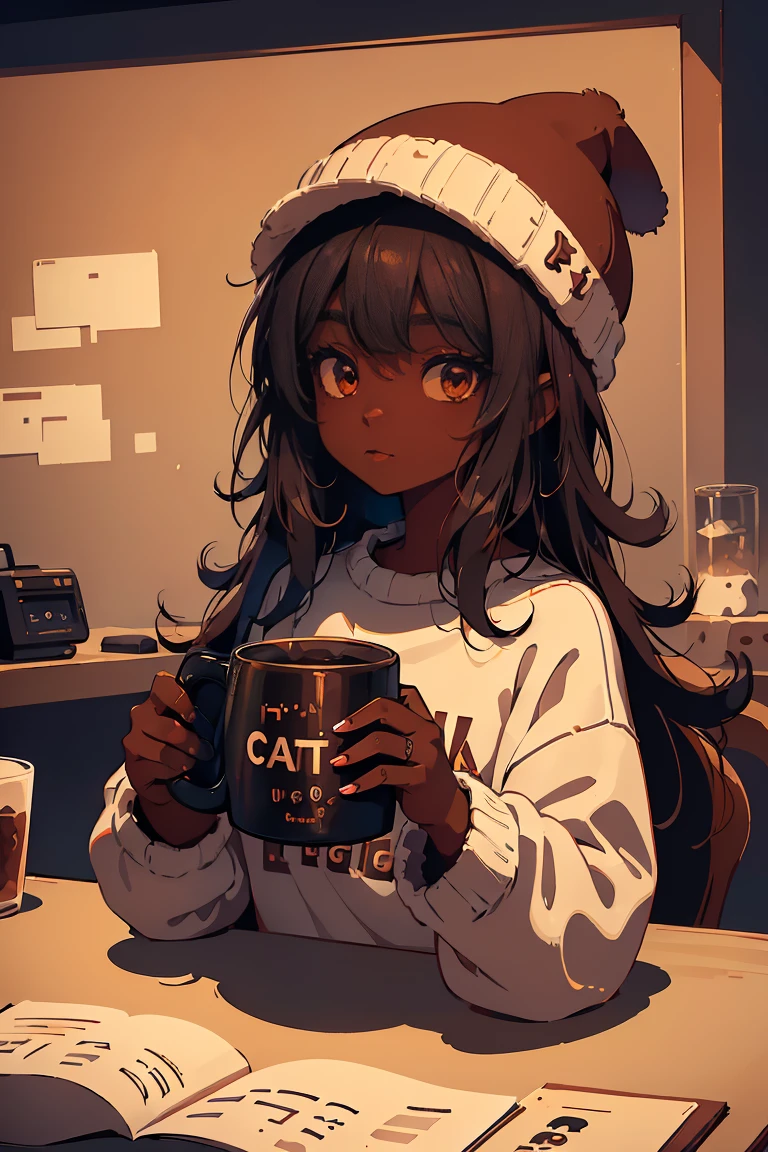 Dark skin pretty young woman in an oversized fuzzy fitted shirt, shy, ((holding a mug with the letters c-a-t-t-y” written on it)), insanely detailed, 4K, 2D illustration, red hat, clearly detailed eyes,  luminous brown eyes, muted pastels and vibrant brown and white, ray tracing