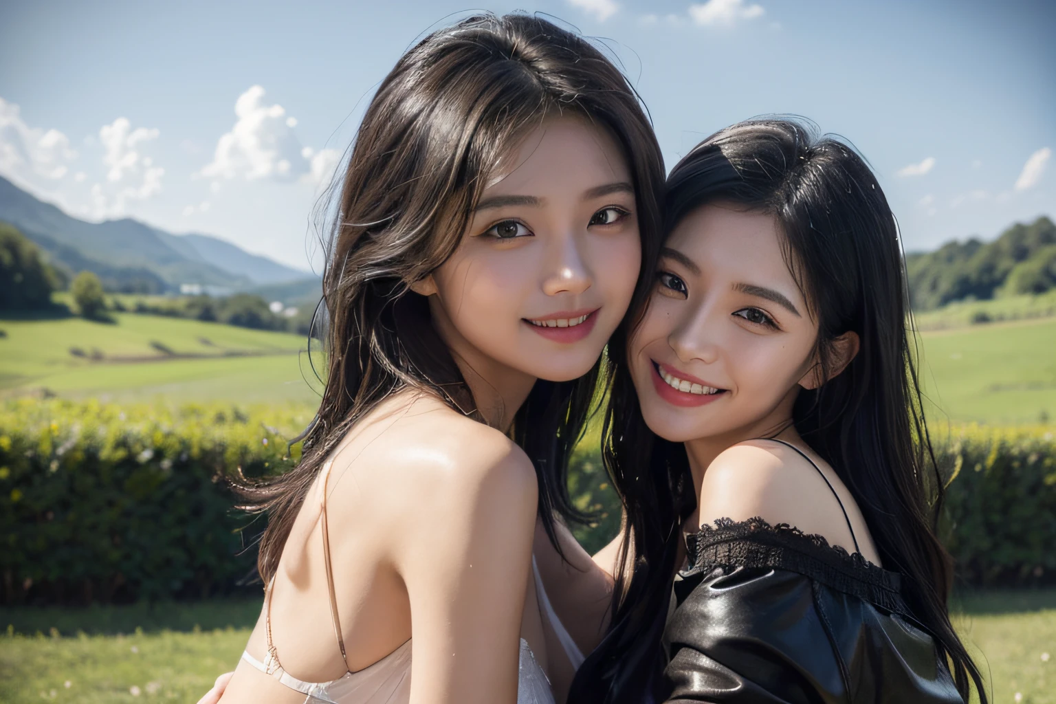 Poussin-style landscape,A smile,,Sweet and seductive appearance.、Caravaggio's paintings、Chiaroscuro of Caravaggio、Hair disheveled in the wind,Two women frolicking,Cute smile, Expression of ecstasy,A sexy,erotick