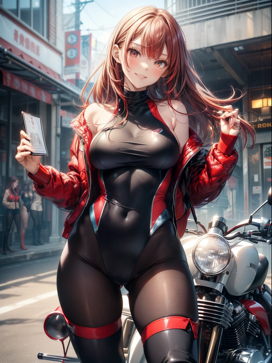 top-quality、Full limbs、complete fingers、Slender beauty、Women with straight hair、((Red-haired woman))、Women with medium hair、(Beautiful busty woman:1.3)、(Black competitive swimsuit with red lines)、(Brown pantyhose)、(Long boots in black color:1.3)、Black riders jacket、Naughty Poses、Blushing、A big smile、(motor bikes)、(pier)、Woman driving motorcycle