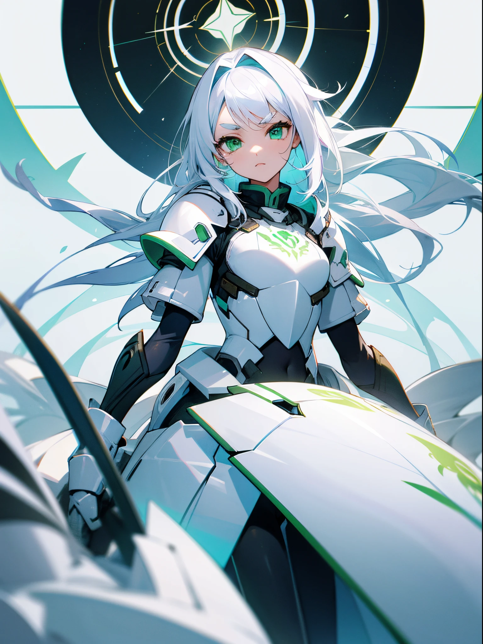 teens girl,Zodiac signs,white color hair,kosmouturistic,White eyebrows,Green eyes,incredulous,White armor