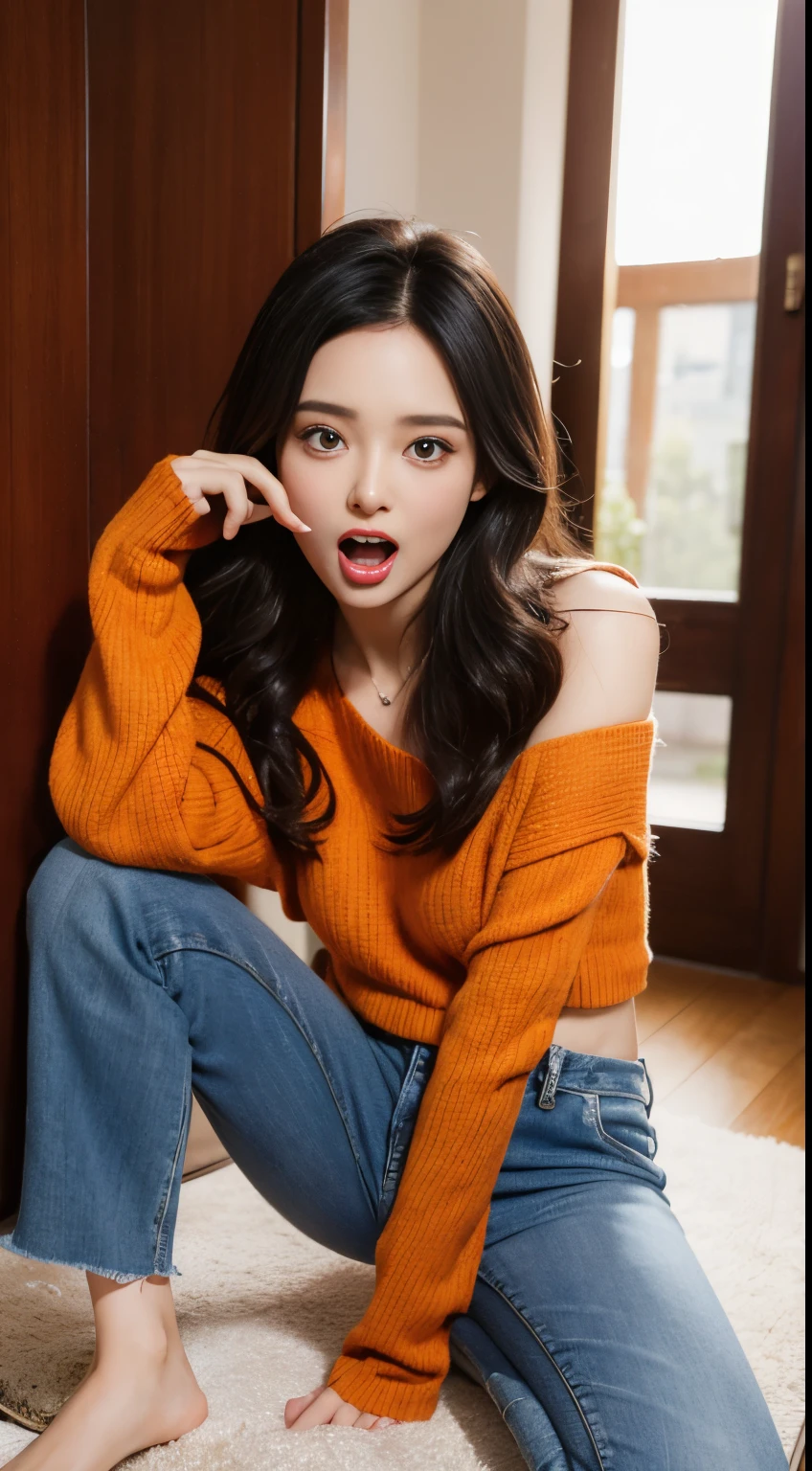 8K,masuter piece,Photorealsitic,1girl in，32years old、combing her long black hair、Solo，off-shoulder orange sweater、Jeans in shorts、Crouching Pose、(Wide open mouth:1.5)，Looking at the camera、Light reflected in the eyes