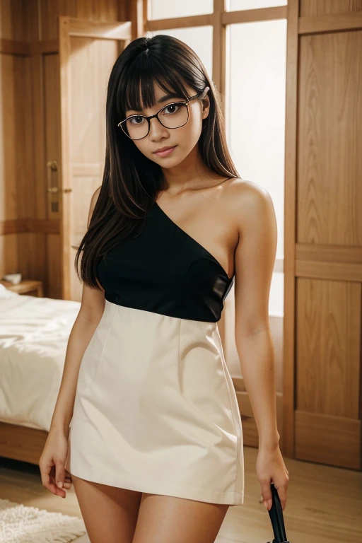 A photo of a beautiful girl, In one room, underdressing, Ruisan, Filer, 夏天, filechod, Beige dress,wearing black glasses，chevobruns, long_Shevo, Symmetrical face, フォトリアリスティック, photography of, photography of, natural  lightting, Magnificent, Chopping, occidental, ((tmasterpiece)), Best quality at best, A high resolution, The  very detailed, Lighting for rough pores