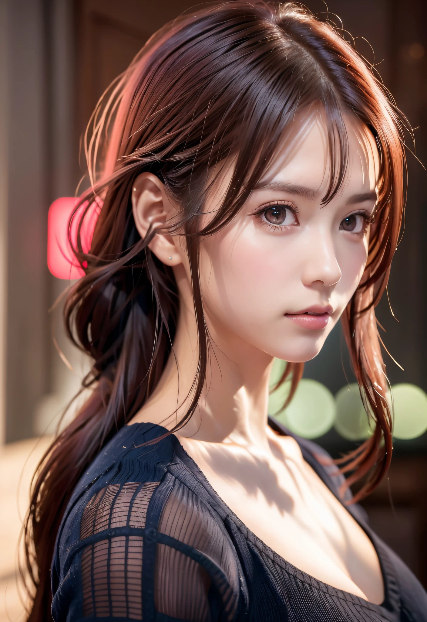 8K, of the highest quality, masutepiece:1.2), (Realistic, Photorealsitic:1.37), of the highest quality, masutepiece, Beautiful young woman, Pensive expression, Thoughtful look, Female doctor, Hair tied back, Cinematic background, Light skin tone