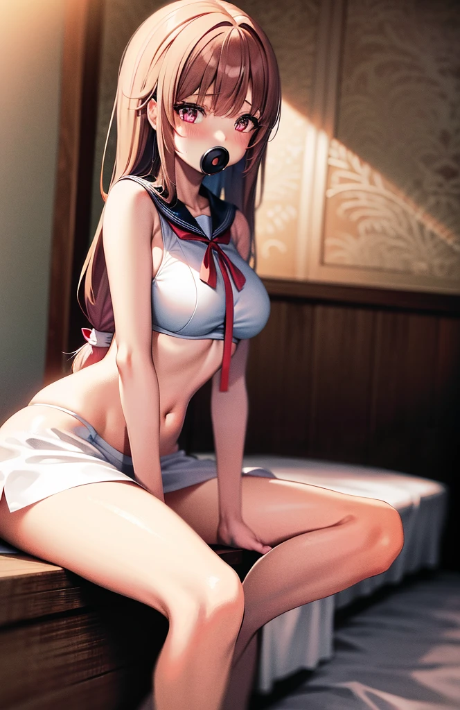 Long-haired anime girl sitting on bed