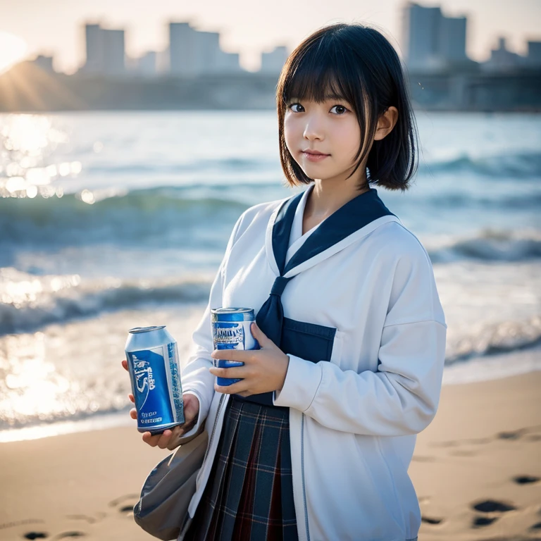 a rebellious 4K realistic painting featuring a School girl with Japanese characteristics, black eyes, and brown short hair. In a standing pose holding a canned Pocari sweat on the beach day light, blend Japanese styles with influences from artists like WILOP. Infuse glamour and grit using Bokeh effects, luminism, and bioluminescence for a cinematic ArtStation style. Utilize Octane-rendered 3D details to achieve a hyper-realistic feel.