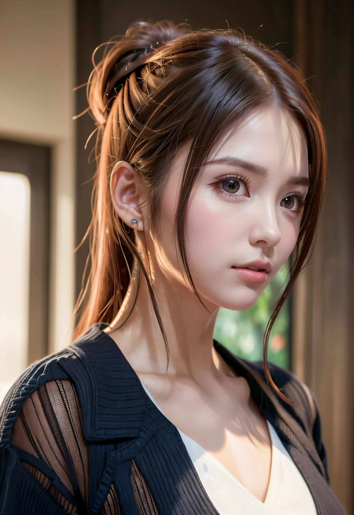 8K, of the highest quality, masutepiece:1.2), (Realistic, Photorealsitic:1.37), of the highest quality, masutepiece, Beautiful young woman, Pensive expression, Thoughtful look, Female doctor, Hair tied back, Cinematic background, Light skin tone