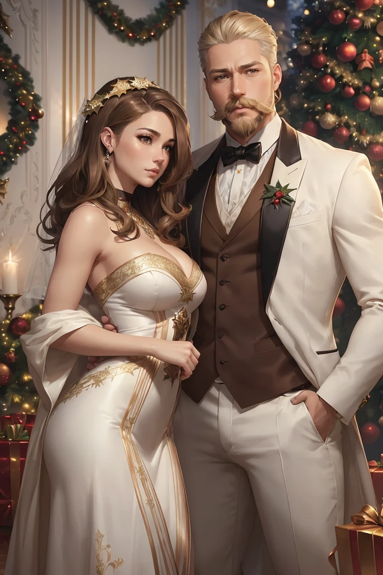 ((A couple in love)), ((woman with brown hair wearing a christmas gown)), standing with ((a masculine man with short blonde hair and a full blonde beard with mustache, in a read and white suit)), hair with many details, 8k artgerm bokeh, fanart best artstation, render photorealistic, guweiz-style art, inspired by WLOP, ig model | artgerm, detailed waist up portrait, stunning wait up portrait of realistic face, beautiful waist up portrait, deviantart artstation cgscosiety, cinematic realistic portrait, high quality portrait, elegant digital painting, photorealistic artstyle, ((Christmas living room background))