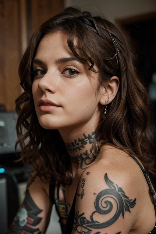 Create several tattoos on the side of the neck about music and sounds on thin womewith curly, brown hair