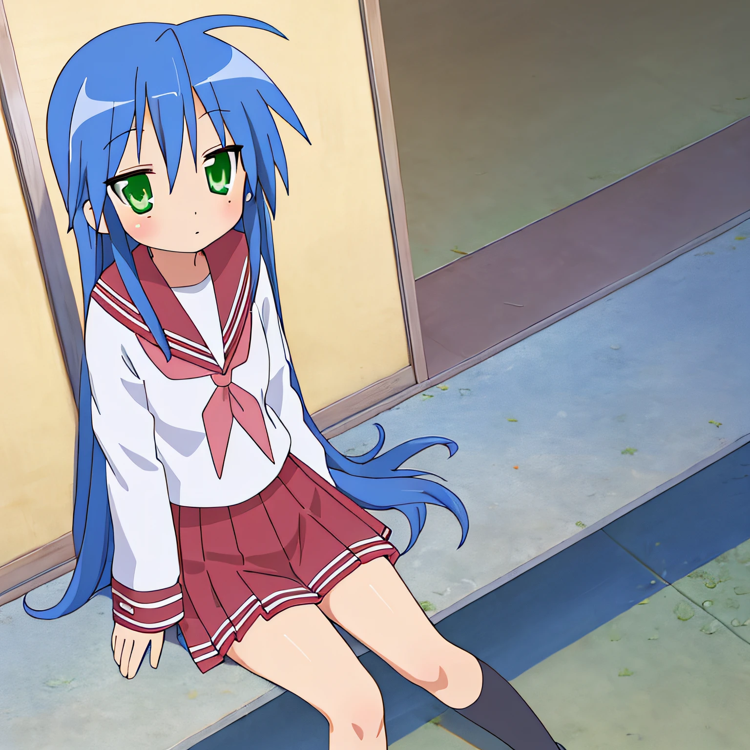 lucky star, masterpiece, best quality, 1girl, mole under eye, mole, ryouou , flat torso, solo, nude body, long hair, green eyes, blue hair, parody, :3, ahoge, front view, pussy, nipples 