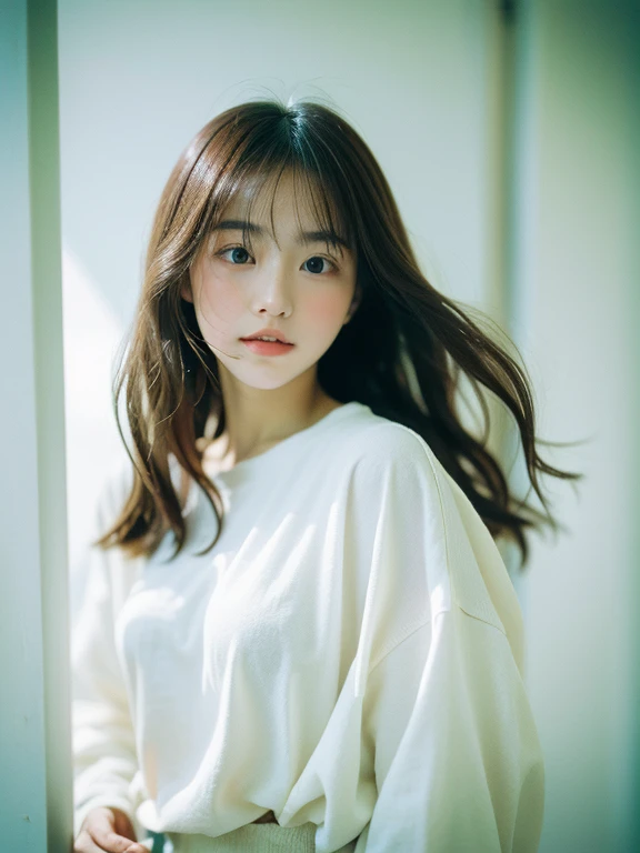 Elegant interior,Beautiful young girl with floating hair in oversized clothes,
A masterpiece of portrait photography taken with Fujichrome Astia,