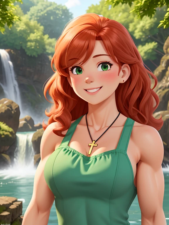 attractive welsh woman, ripped muscle, muscular body, pale skin, smile(blush), sundress, cross pendant, sixpack abs, [ultra detailed skin:1.2], ginger hair, green eyes, wavy hair, 8k uhd, full body, crowd, public, forest, waterfall, standing,