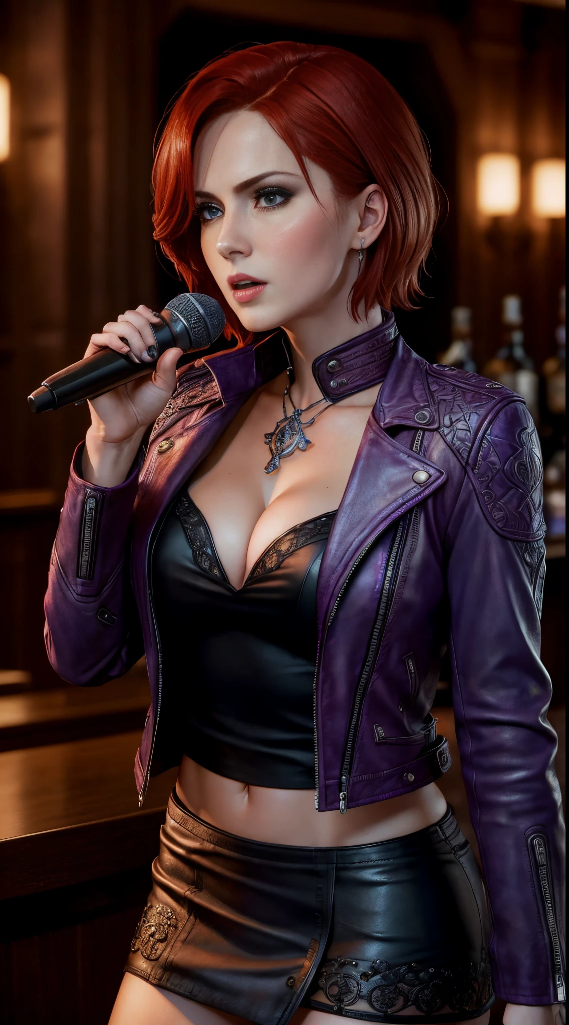 LelianaDA, masterpiece, highest quality, RAW, analog style, a stunning photo of a (beautiful woman), (short red hair), (wearing a purple leather jacket), (black mini skirt), (cleavage), (singing into microphone at stage), (in the bar), (highly detailed skin, skin details), (highly detailed face and eyes), sharp focus, 8k UHD, DSLR, high quality, film grain, Fujifilm XT3, frowning, intricately detailed, highly detailed, cluttered and detailed background