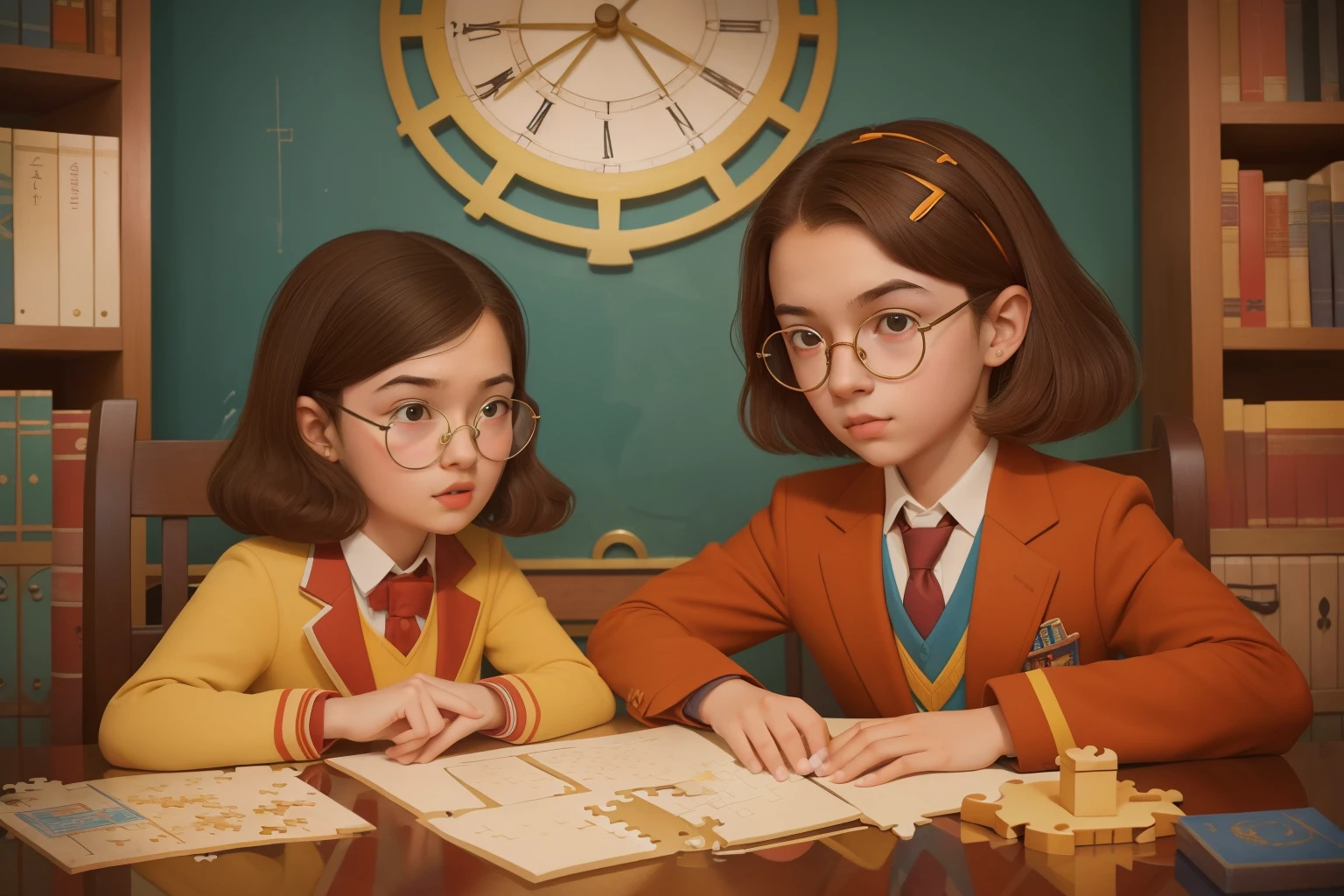 A puzzle prodigy, a bespectacled teenager with a knack for problem-solving, navigates through a puzzle palace filled with intricate challenges. The Wes Anderson style adds a quirky touch to the character's journey, capturing the magic of solving enigmatic puzzles.
