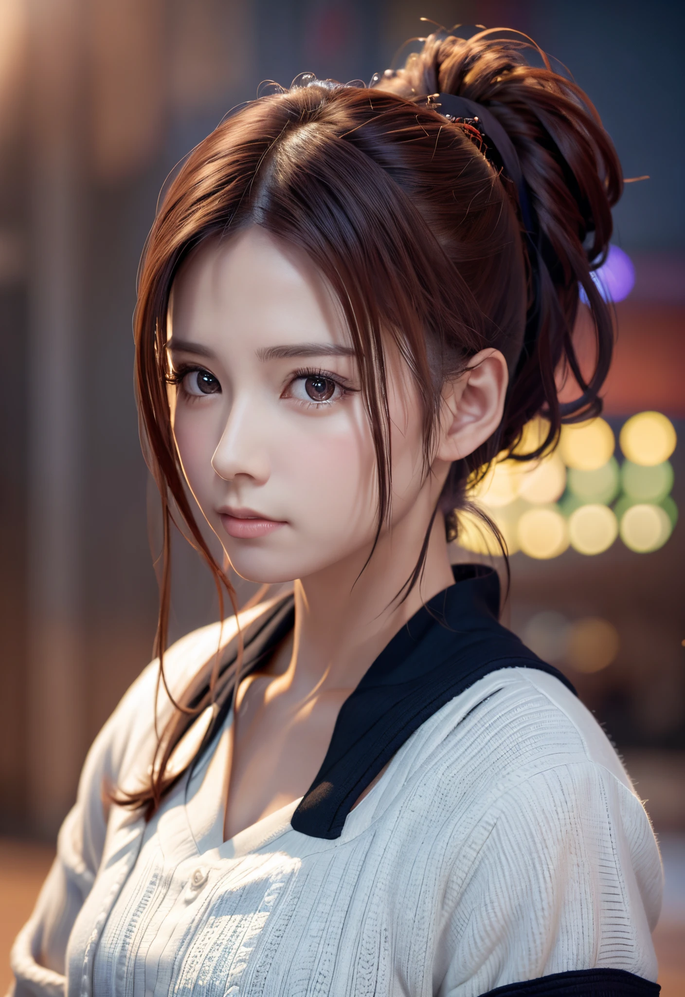 8K, of the highest quality, masutepiece:1.2), (Realistic, Photorealsitic:1.37), of the highest quality, masutepiece, Beautiful young woman, Pensive expression, Thoughtful look, Female doctor, Hair tied back, Cinematic background, Light skin tone