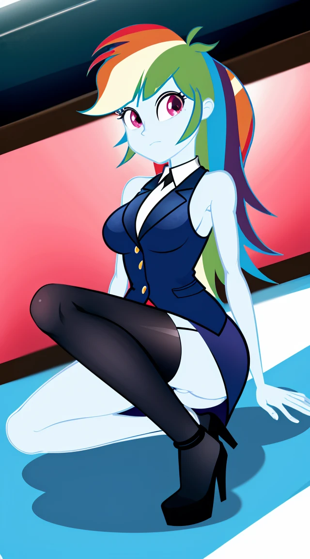 Rainbow Dash, Rainbow Dash of My Little Pony, Rainbow Dash as a girl, business suit, blazer, pencil upskirt, bare legs, high heels, office lady, posing, upskirt, vagina desnuda, tetas desnudas, tetas medianas, trasero desnudo, (solo desnuda), piernas desnudas, vagina abierta, vulva desnuda, blusa abierta, no Bra, tetas al aire, nipples, vagina abierta, pechos perfectos, rostro hermoso, vagina expuesta, sexo inminente, piernas abiertas, explict, seductive pose, spread pussy