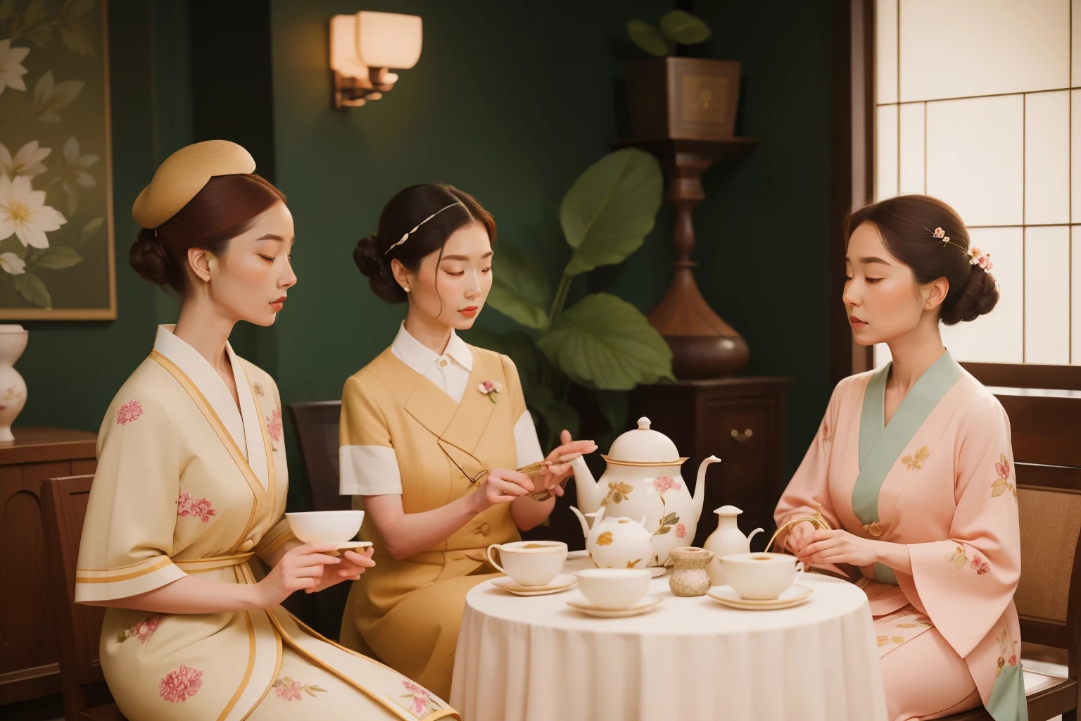 An elegant tea connoisseur in her early 50s orchestrates a refined garden tea ceremony. Characters, including a freckled guest with a penchant for floral patterns, partake in the tranquil affair, harmonizing with Wes Anderson's aesthetic charm.