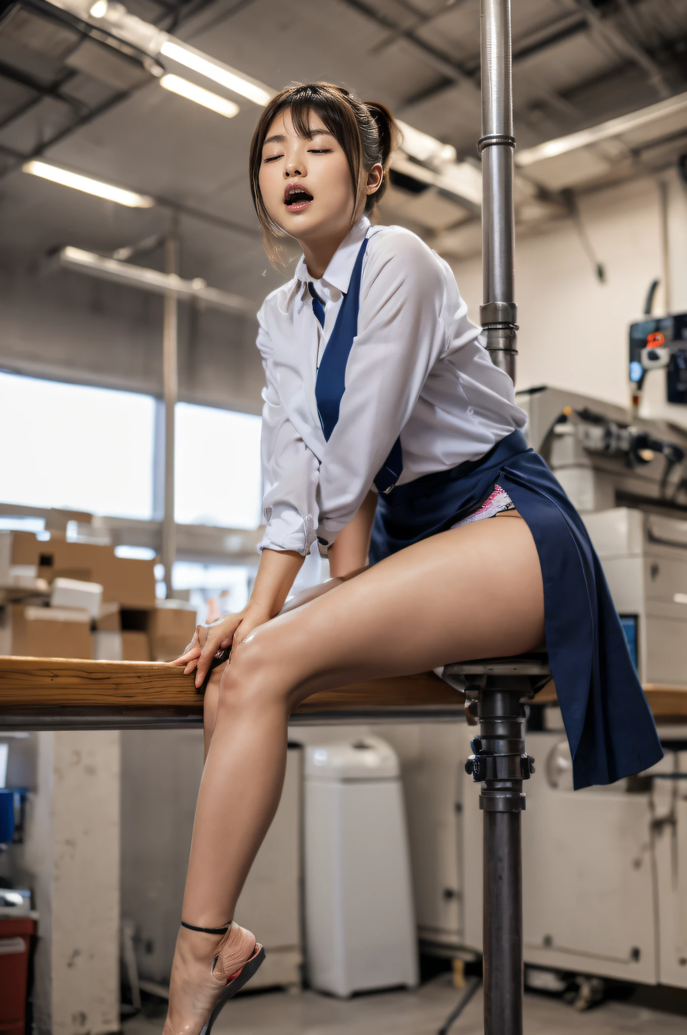 atmospheric perspective, 8k, super detail, accurate, best quality, ((Japanese young actress, round face)), film skin, (correct limbs), a women, blush, open chest a little, (dropping eyes), emphasize the shape of the breasts, (shy, let out a sigh, open mouth), ((straddling to hit her cute panties on the exposed pole or pipe)), (open legs, raise leg), (((just masturbating right now, slut))), narrow factory, many CNC machines, ceiling, (hair up), work clothes, ((skirt that reaches below the knee)), big window, sunset, slightly warm lighting,