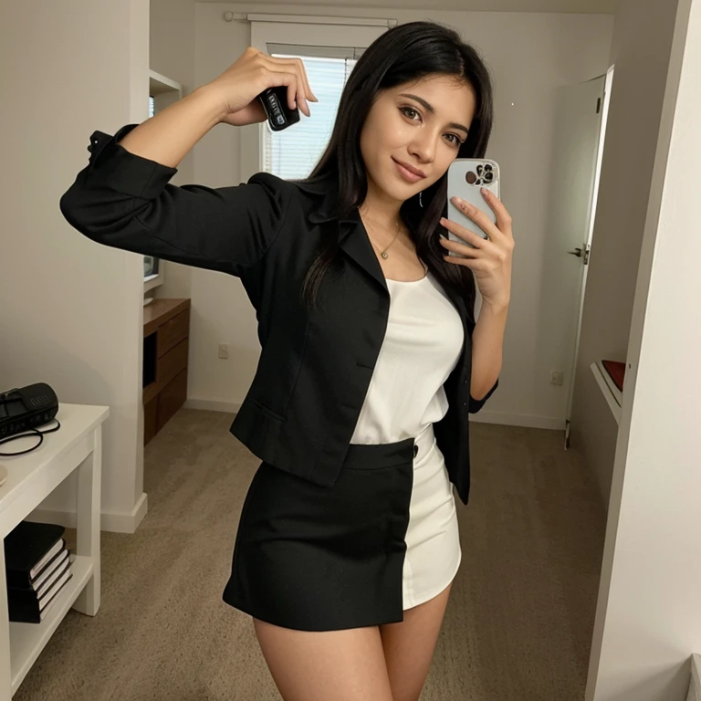 21 year old Latin girl, cabello ondulado corto, Selfie realista, ropa de oficina formal, photograph taken with cell phone, la chica afuera de la oficina, no sonriente (carita triste cute), posando, Home Photography