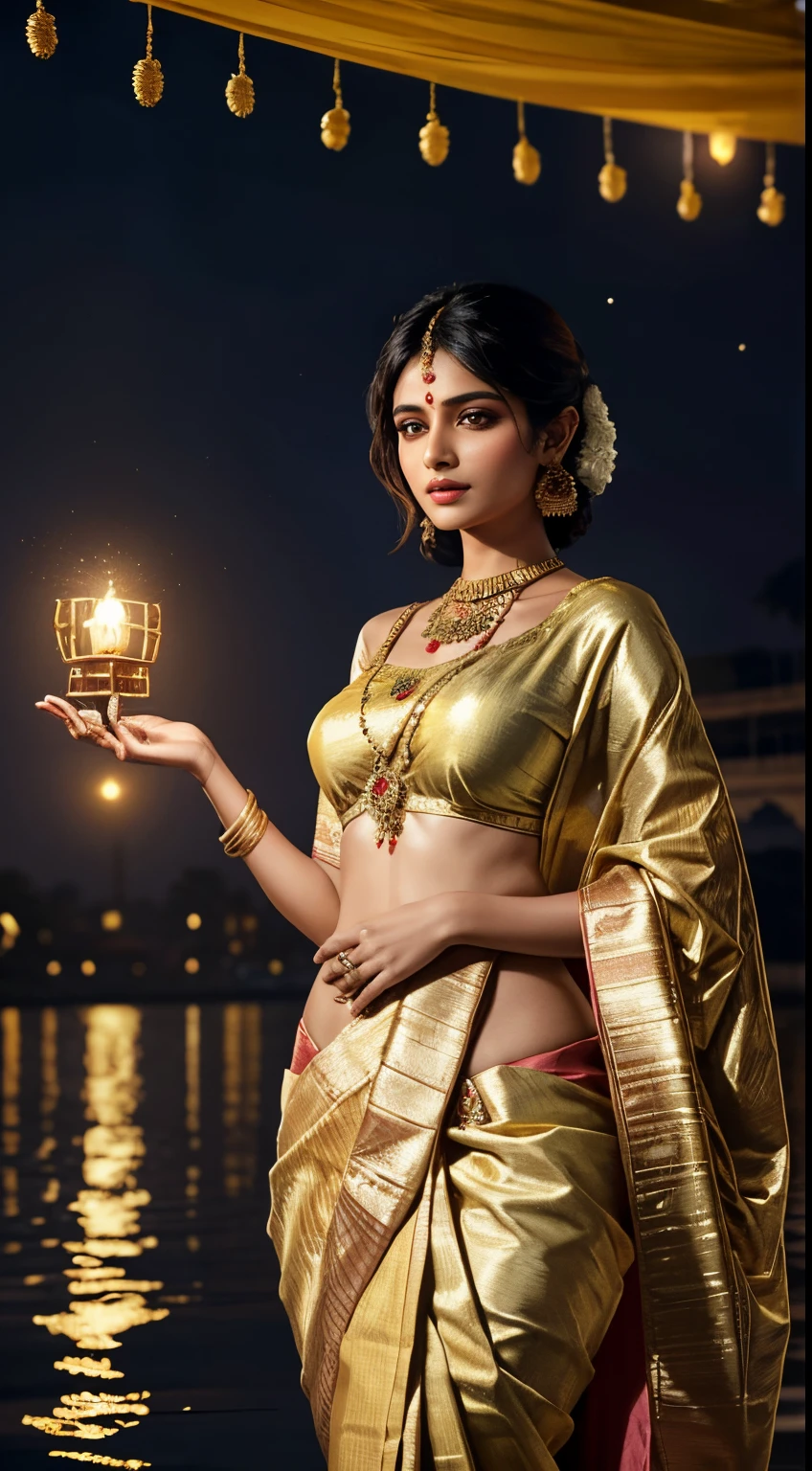 Illuminate a mesmerizing moment featuring a stunning Indian woman draped in an opulent Banarasi silk saree, standing by the Ganges River during the radiant festival of Diwali, the intricately detailed gold zari work on the saree catching the warm festival lights, capturing this cultural celebration in a breathtaking 4K UHD image