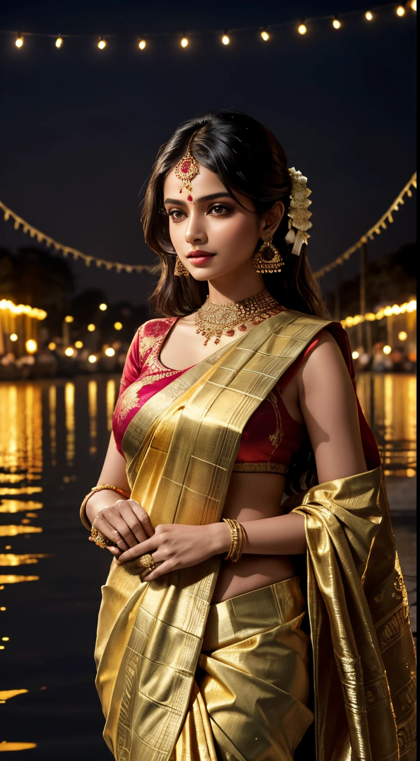Illuminate a mesmerizing moment featuring a stunning Indian woman draped in an opulent Banarasi silk saree, standing by the Ganges River during the radiant festival of Diwali, the intricately detailed gold zari work on the saree catching the warm festival lights, capturing this cultural celebration in a breathtaking 4K UHD image
