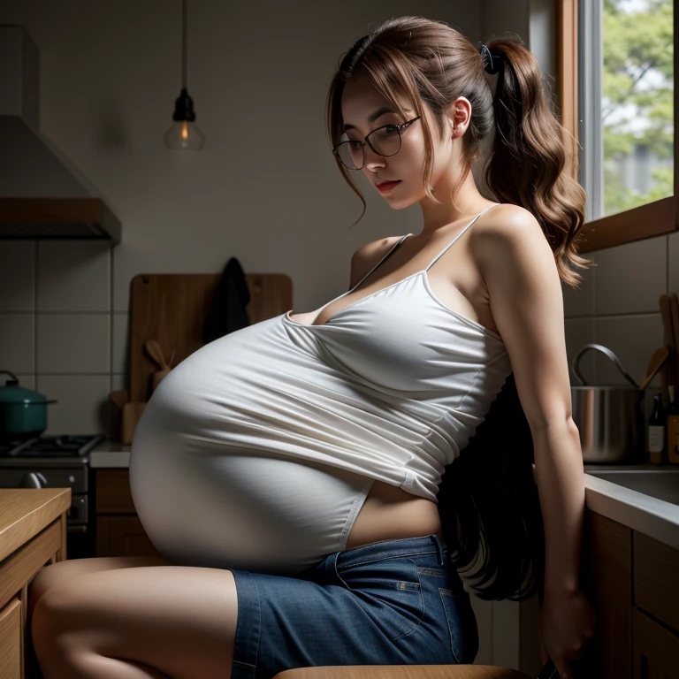 Pregnant woman in the kitchen，Pots and pans on the stove, Guviz-style artwork, A masterpiece by Guwitz, guweiz, Beautiful digital artwork, guweiz on artstation pixiv, (prengant:1.5), by Ross Tran, A beautiful artistic illustration, Pregnant belly,eye glass，eye glass，A look of pain，horse tailed，horse tailed，horse tailed，ponytail haircut， guweiz on pixiv artstation,(Amane Suzuha has huge :1.3),(Colossal tits)