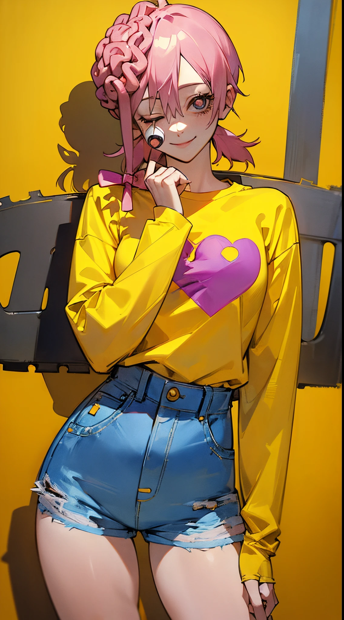 (masterpiece, best quality:1.2), cowboy shot, solo, 1girl, chainsawman, cosmo, Halloween, smile, looking at viewer, long sleeves T-shirt, denim tight shorts