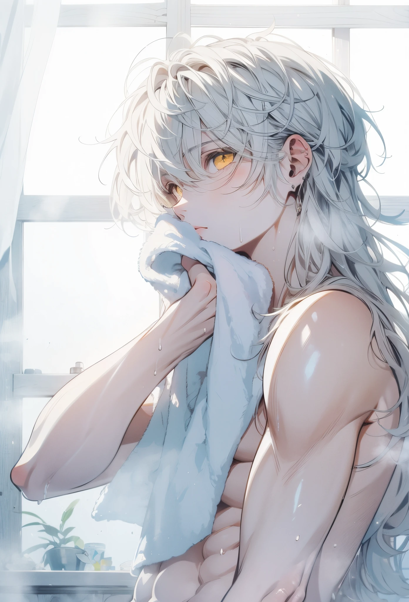 Beautiful young man, White hair, Long hair, Yellow eyes, Wet hair, Wipe your hair with a towel, Top Naked, pecs, Abs, White pants, After taking a bath, steam, Sink,High quality, amount of drawing, pixiv illustration