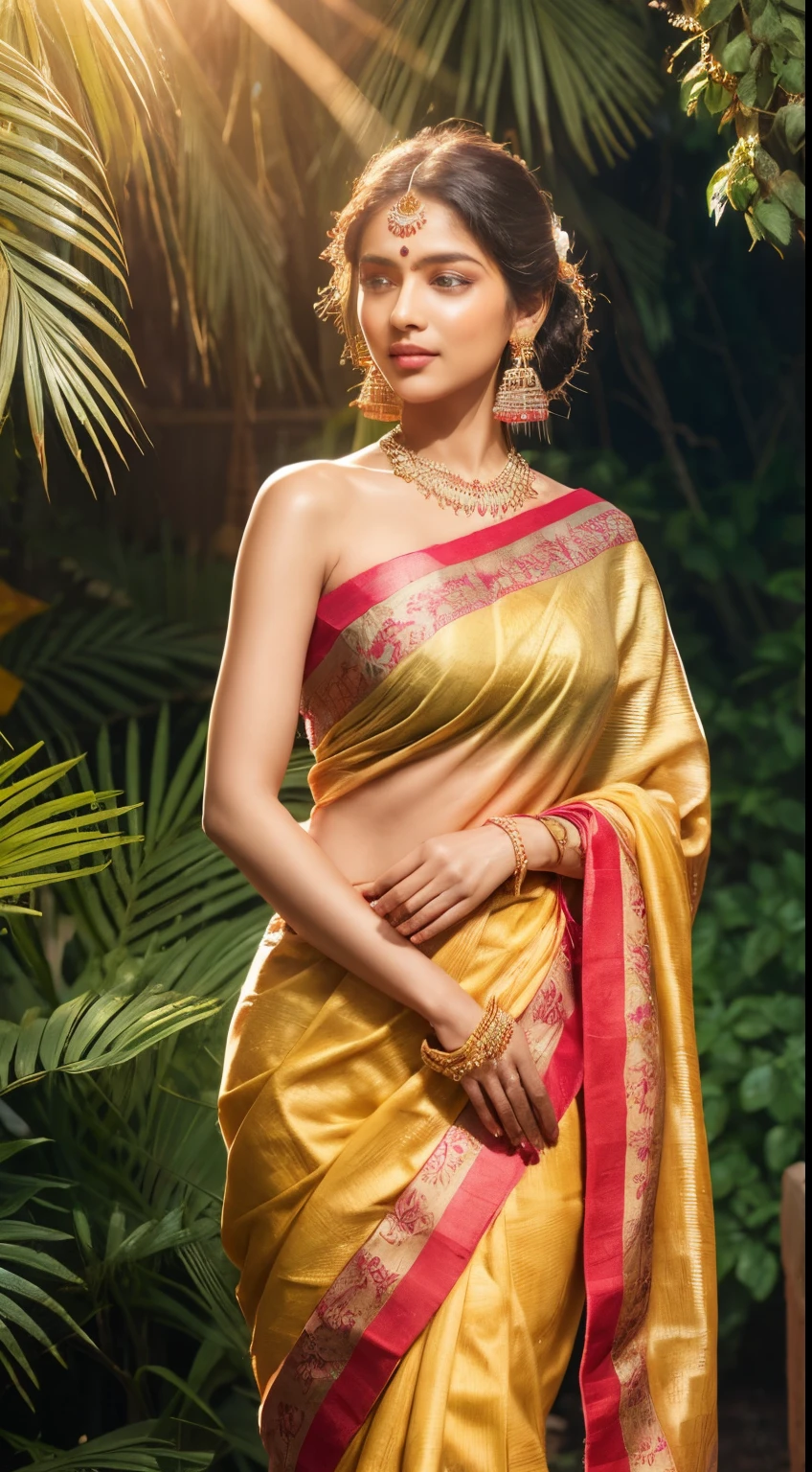 Picture a captivating scene of an Indian lady adorned in a traditional Kanjeevaram silk saree, gracefully standing in a sunlit garden during a spring festival, the saree embellished with intricate floral motifs and vibrant hues, each detail shining in the sunlight, presenting this cultural spectacle in a vivid 4K UHD digital illustration