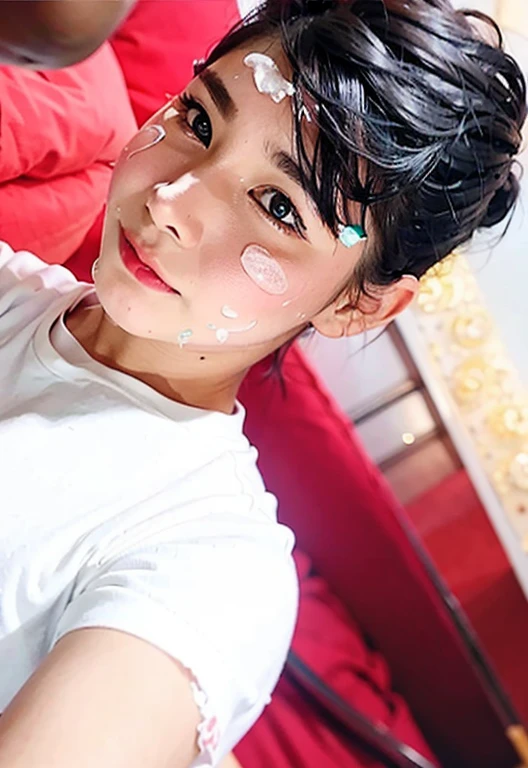 there  a man with a white shirt and a red pillow, No shirt, 6 part, 8k selfie photograph, profile pic, uploaded, thawan duchanee, with accurate face, front profile!!!!, ayan nag, selfie photo, very very low quality picture, potrait, profile picture 1024px, low quality photo, nivanh chanthara, snapchat photo, close eyes, blush SMILE, white liquid on his face,