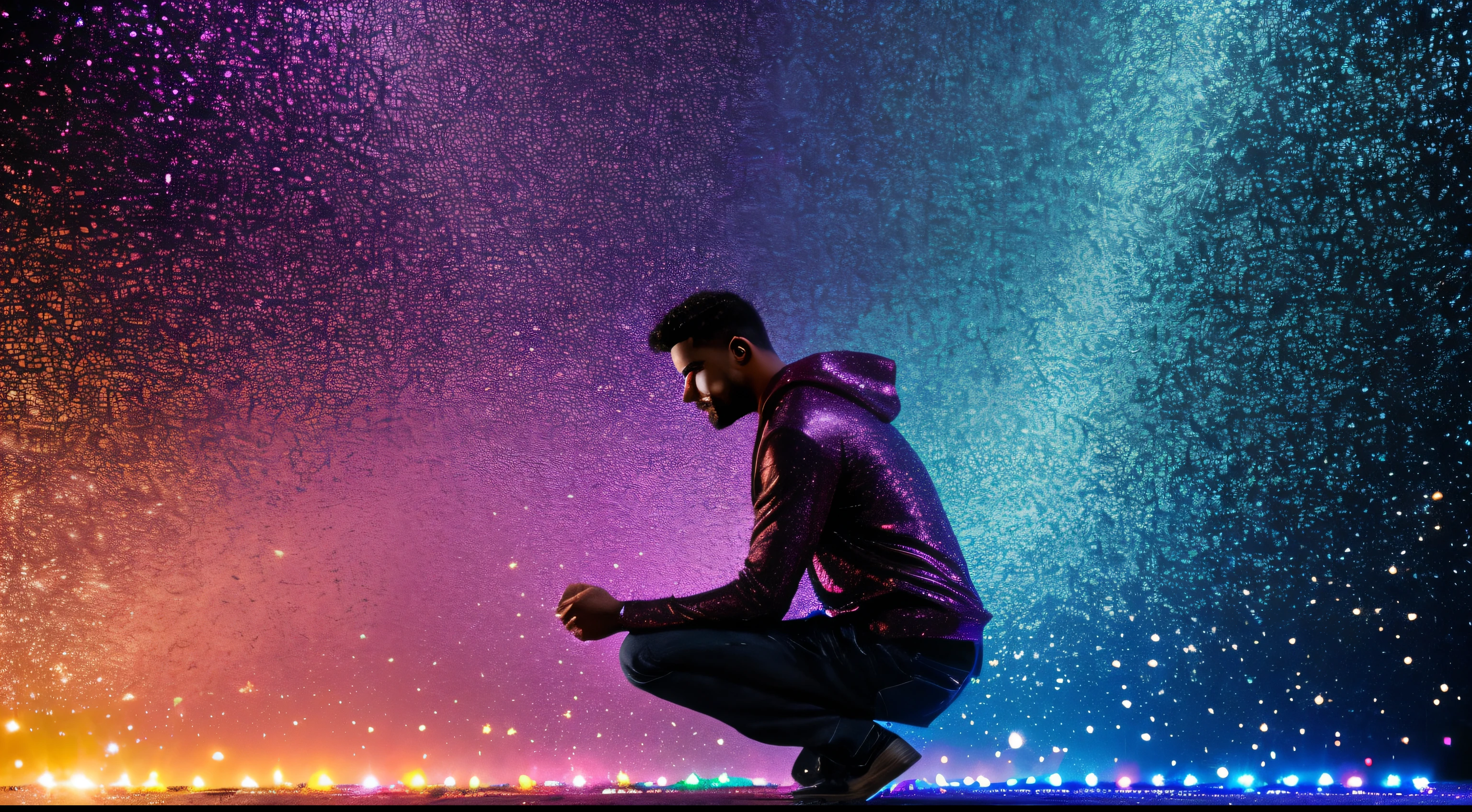 o personagem se destaca no centro da imagem olhando tristemente de joelhos. He reaches out his hand to get up. He is close to a person standing. moving liquid colors, combination flows. glitter particles in the air.