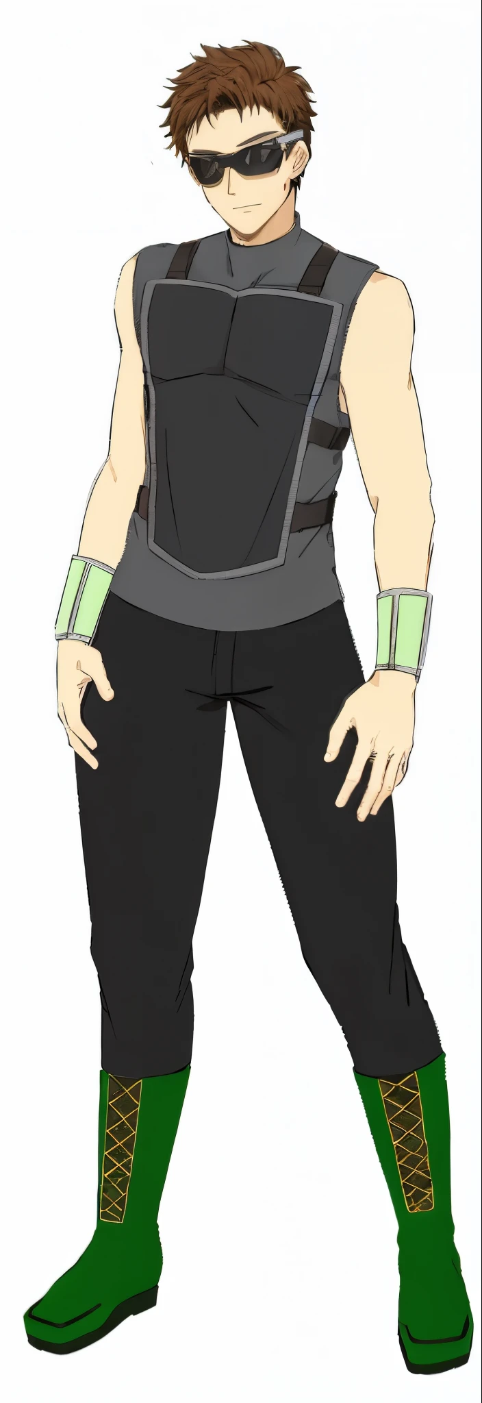 anime man with brown haor and black googles in a green and black outfit, full body details, with shoulder pads,