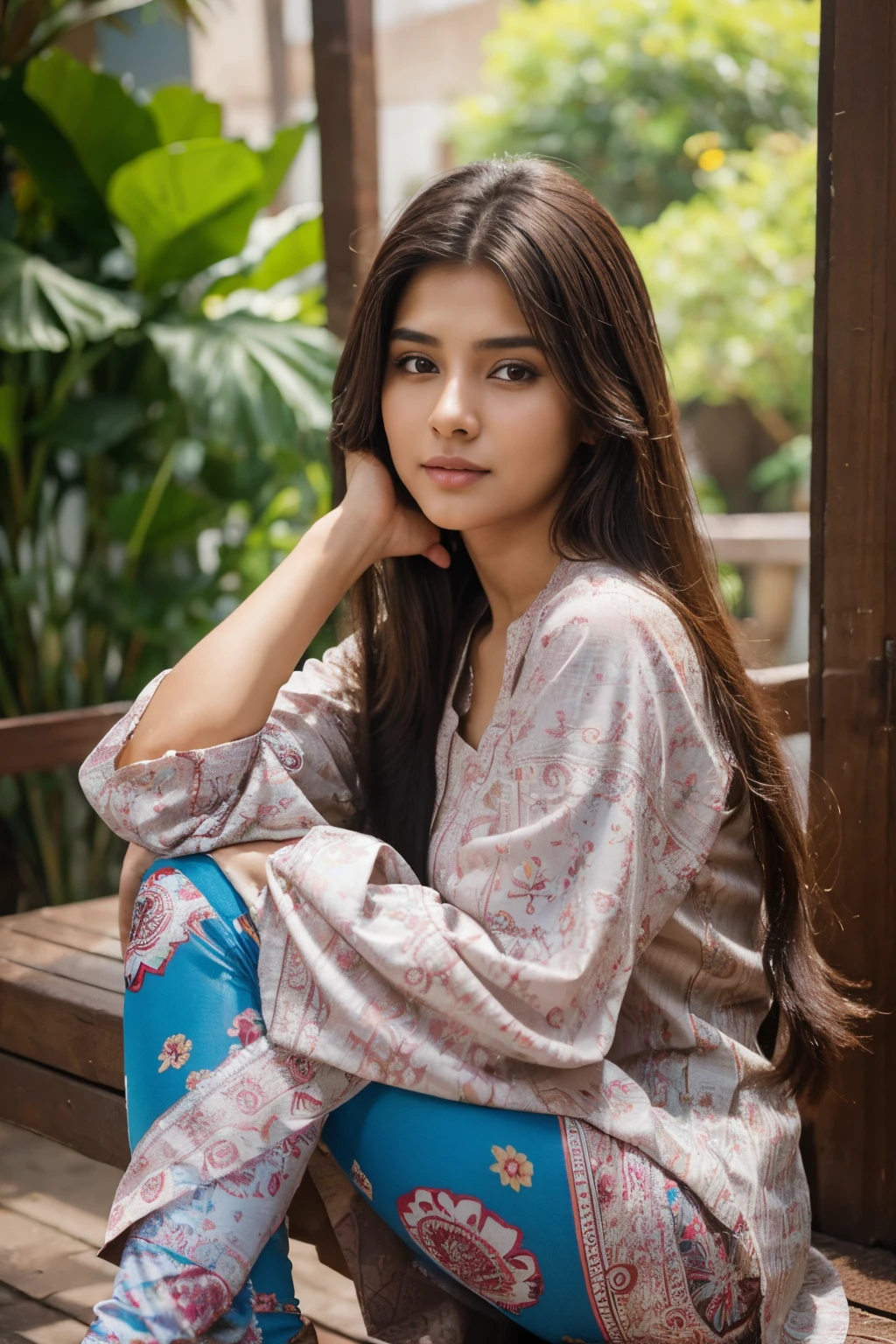 Beautiful ,23 years young girl healthy,confident looking,8k,realistic,dark brown hair,fair skin, indian,long hair,clear facial features, wearing same printed kurta with leggings,
