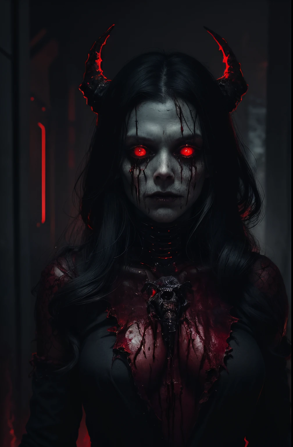 a terrifying mental image of a female figure of pure evil immersed in a hideous and hellish environment, obscure place coming from hell, dark ritual, appearance like a demon with sinister glowing eyes that evoke instant terror, evil beast, fiend, demon, abyss, infernal, nether, damnation, hellish attire that exude an evil glowing aura, flesh, bones, skull, blood, environment around as a hellscape, distorted shadows, agonizing, obscure, terrifying nightmare, horror, demonic presence, gore, grume, slaughter, carnage, butchery, highest quality, 4k, best composition, depth of field, bloom, lens 1.8, 25 mm, masterpiece