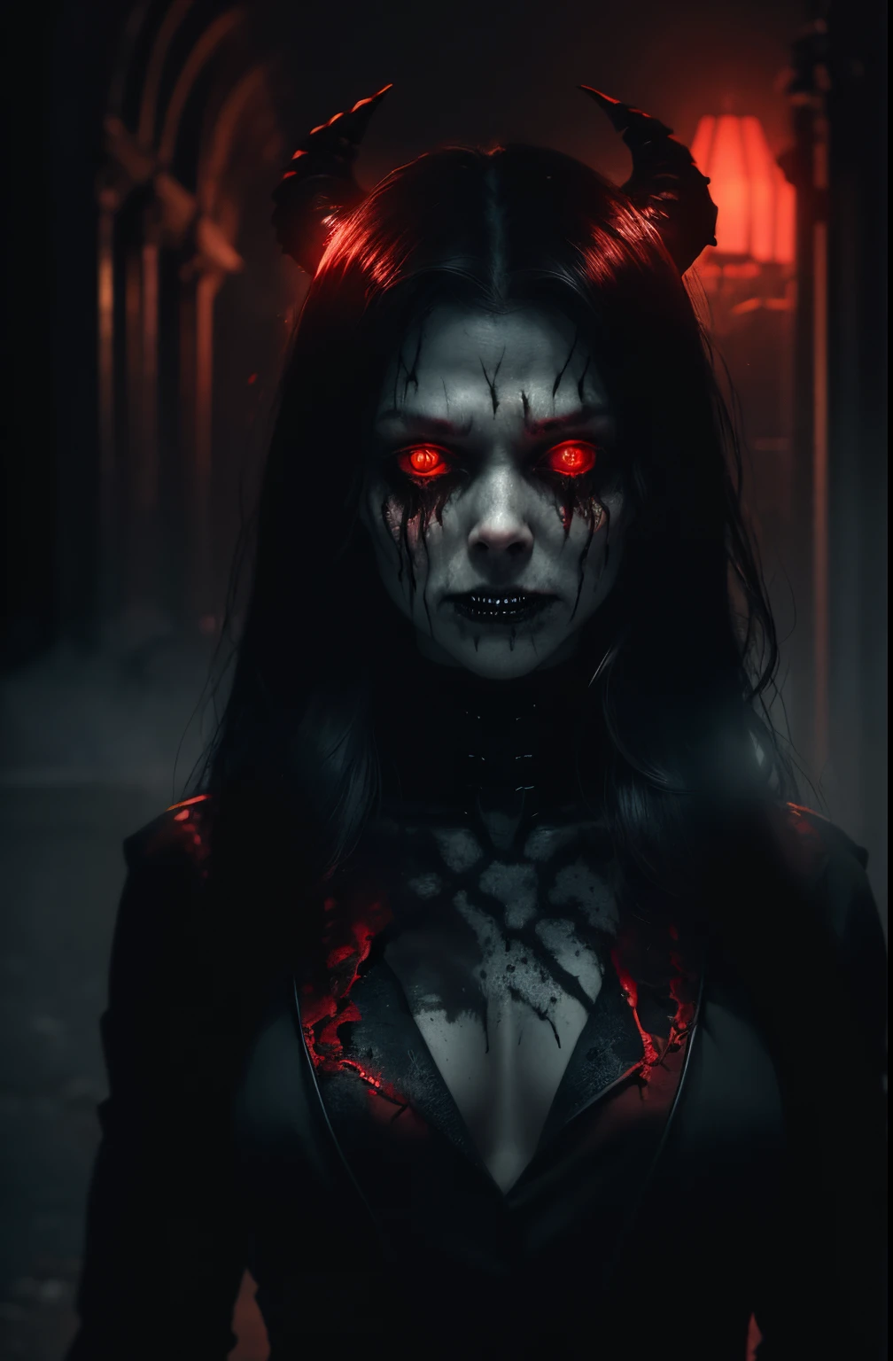 a terrifying mental image of a female figure of pure evil immersed in a hideous and hellish environment, obscure place coming from hell, dark ritual, appearance like a demon with sinister glowing eyes that evoke instant terror, evil beast, fiend, demon, abyss, infernal, nether, damnation, hellish attire that exude an evil glowing aura, flesh, bones, skull, blood, environment around as a hellscape, distorted shadows, agonizing, obscure, terrifying nightmare, horror, demonic presence, gore, grume, slaughter, carnage, butchery, highest quality, 4k, best composition, depth of field, bloom, lens 1.8, 25 mm, masterpiece