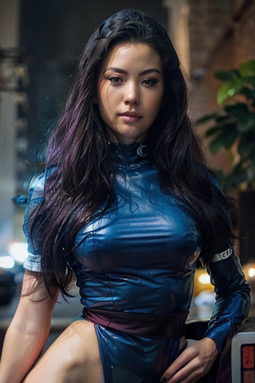Psylocke, japonesa rosto lindo, bunda grande, peito grande, cabelo azul, rosto realista detalhado, gostosa, labios canudos, anatomia perfeita, cabelo grande azul, flowing hair, traje azul baseado no traje que jim lee a desenhava nos anos 90, pose baseada nas de jim lee, realista, 4k