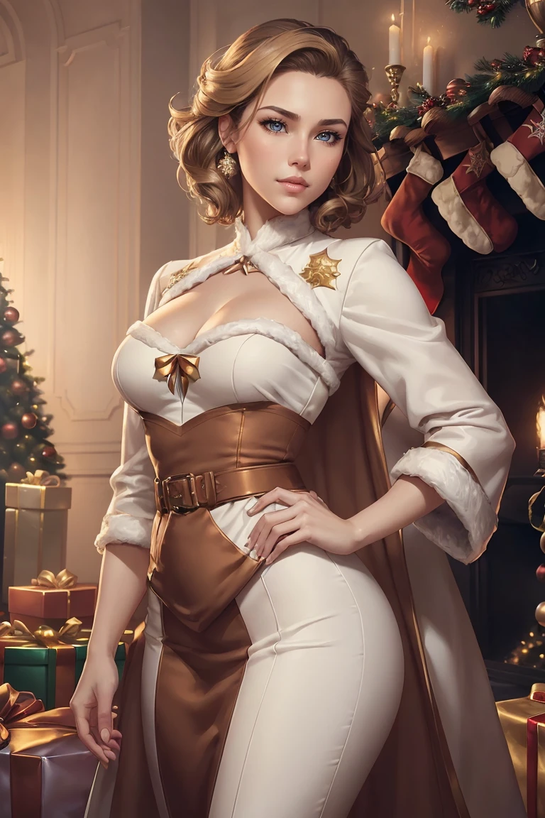 ((A couple in love)), ((woman with brown hair wearing a christmas gown)), standing with ((a masculine man with short blonde hair and a full blonde beard with mustache, in a read and white suit)), hair with many details, blue eyes, 8k artgerm bokeh, fanart best artstation, render photorealistic, guweiz-style art, inspired by WLOP, ig model | artgerm, detailed waist up portrait, stunning wait up portrait of realistic face, beautiful waist up portrait, deviantart artstation cgscosiety, cinematic realistic portrait, high quality portrait, elegant digital painting, photorealistic artstyle, ((Christmas living room background))