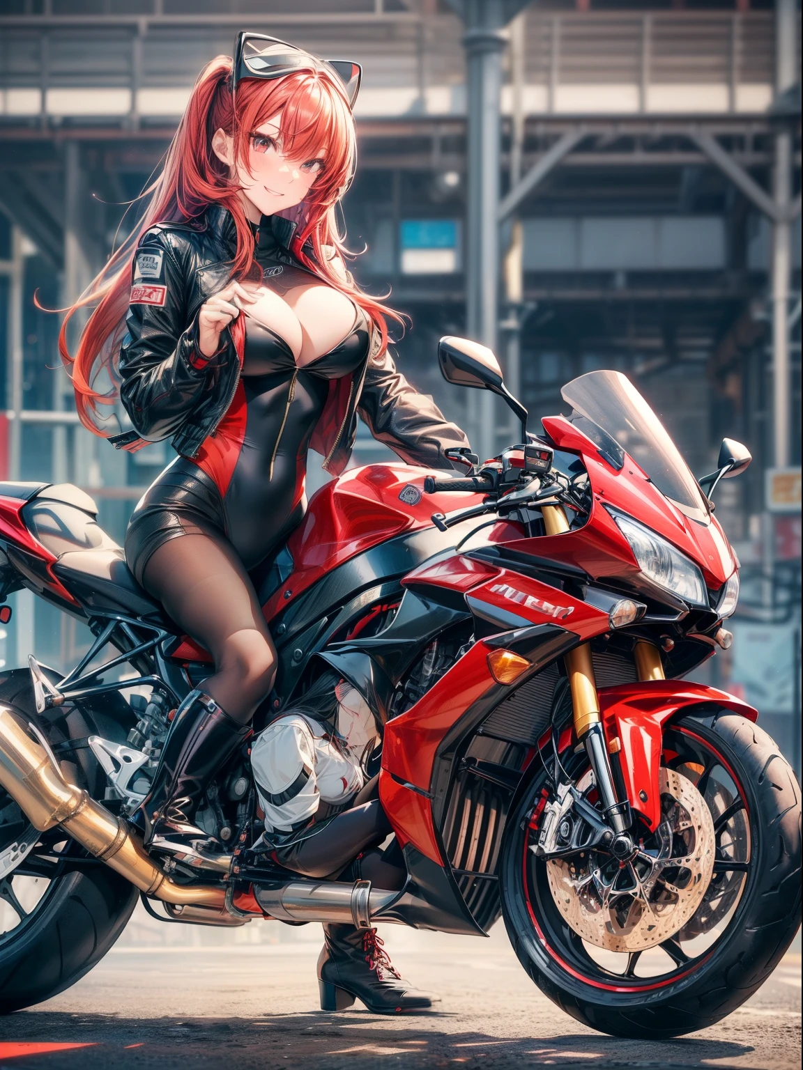 top-quality、Full limbs、complete fingers、Slender beauty、Women with straight hair、((Red-haired woman))、Women with medium hair、(Beautiful busty woman:1.3)、(Black competitive swimsuit with red lines)、(Brown pantyhose)、(Long boots in black color:1.3)、Black riders jacket、Naughty Poses、Blushing、A big smile、(motor bikes)、(pier)、Woman driving motorcycle