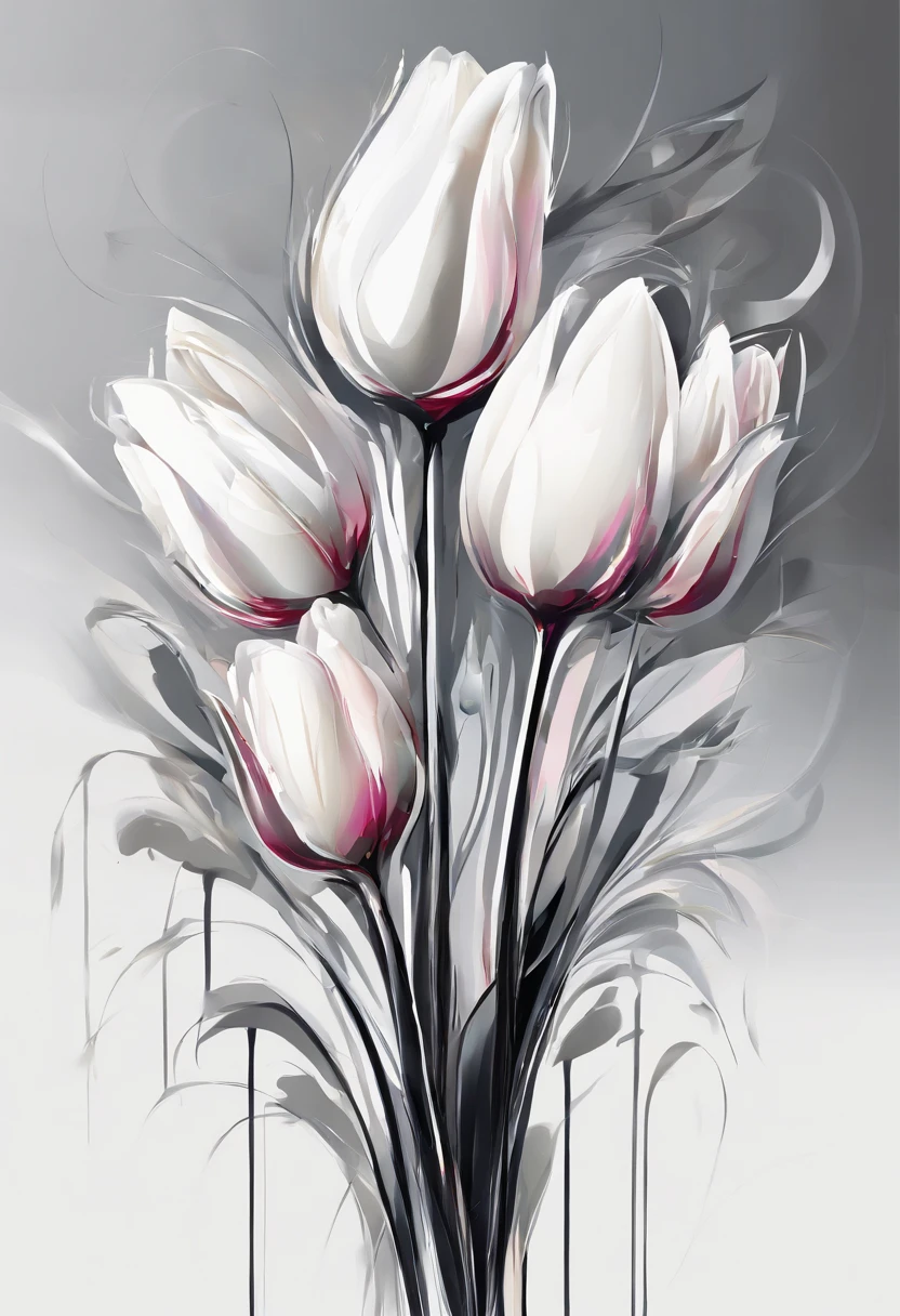 Draw an abstract painting of a single flower.,white tulip flowers、use acrylic paint、Abstract artist known for his unique use of acrylic pouring, real brush strokes,aesthetic composition,Minimal style, nervous stroke、introspective form、A clear contrast depicts the purity and guilt of white tulips.、express inner conflict、Based on a clear monotone with shadows、Add moist compacted sand、Enhances the texture and tactile elements of your artwork, While staring at this image, oot、Interaction of color and texture、feel guilty、guided by guilt