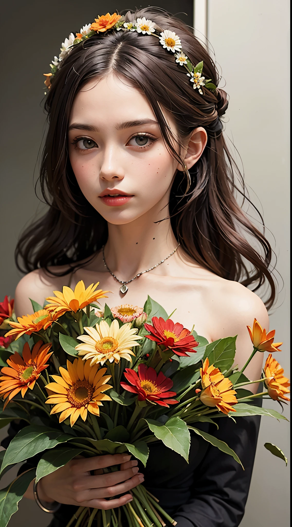 The lady with flowers on her hair an acrylic painting, In the style of Lucy Grending, Tony Dietlitz, A combination of organic and natural, Flower explosion, Ferris Pickaxe, Light orange and brown, calm face--ar 3:4 -