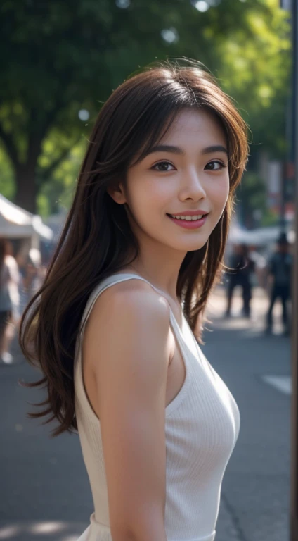 10, master-piece, RAW photo, full entire body, bestquality, photorealistic portrait, extremely detailed cg unity 8k wallpaper, Depth of Field, cinematic light, lens flare, ray tracing, (Very beautiful face.... , beautiful lips, beautidul eyes), Complex face details, ((ultra-detailed skin)) 1girls, In the dark, Deep Shadows, A Beautiful Girl, (The body is very slender..... :1.3), ((looking at the audience)),(big smile:1.3), Clear eyes, Front Shot, (pale skin), (Look very far ahead....., (upper body shot), (Brown cooked for the audience.....:1.3), Very thin, mediuml breasts, thick thighs,, city scape,(Random teen costumes, ), (Random environment,nighttime,daylight), (environment,in the city,trees,market)