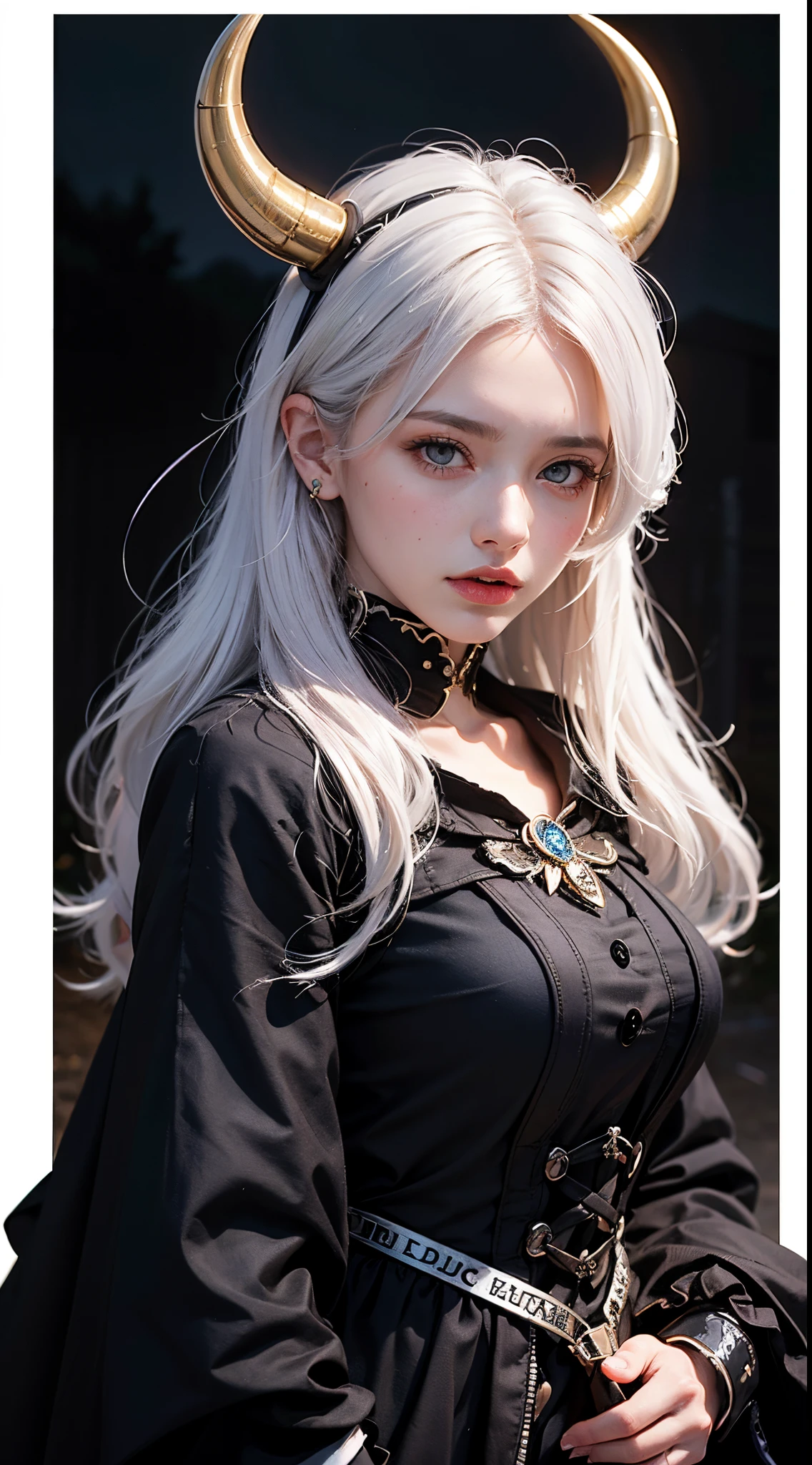 (Front focus),(in the darkness nigth:1.6), surreal female portrait by David Hockney and Alphonse Mucha,Fantasyart, photograph realistic, 动态照明, art stations, poster for, Volumetriclighting, Very detailed faces, 4k, Award-Awarded,, 1个Giant Breast Girl, in the darkness nigth, deep shading, low tune,cow boy shot,(official outfit:1.4) ,long whitr hair,White hair,