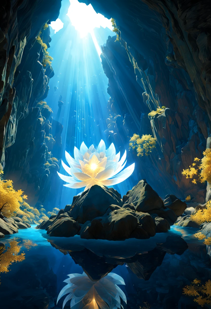 (by Maxfield Parrish:1.2), Crystal Caves, crystal rock, crystal flower, crystal reflection, Rays, illumination, glowing particleest composition), ultra-wide-angle, octane render, enhance, intricate, (best quality, masterpiece, Representative work, official art, Professional, unity 8k wallpaper:1.3)