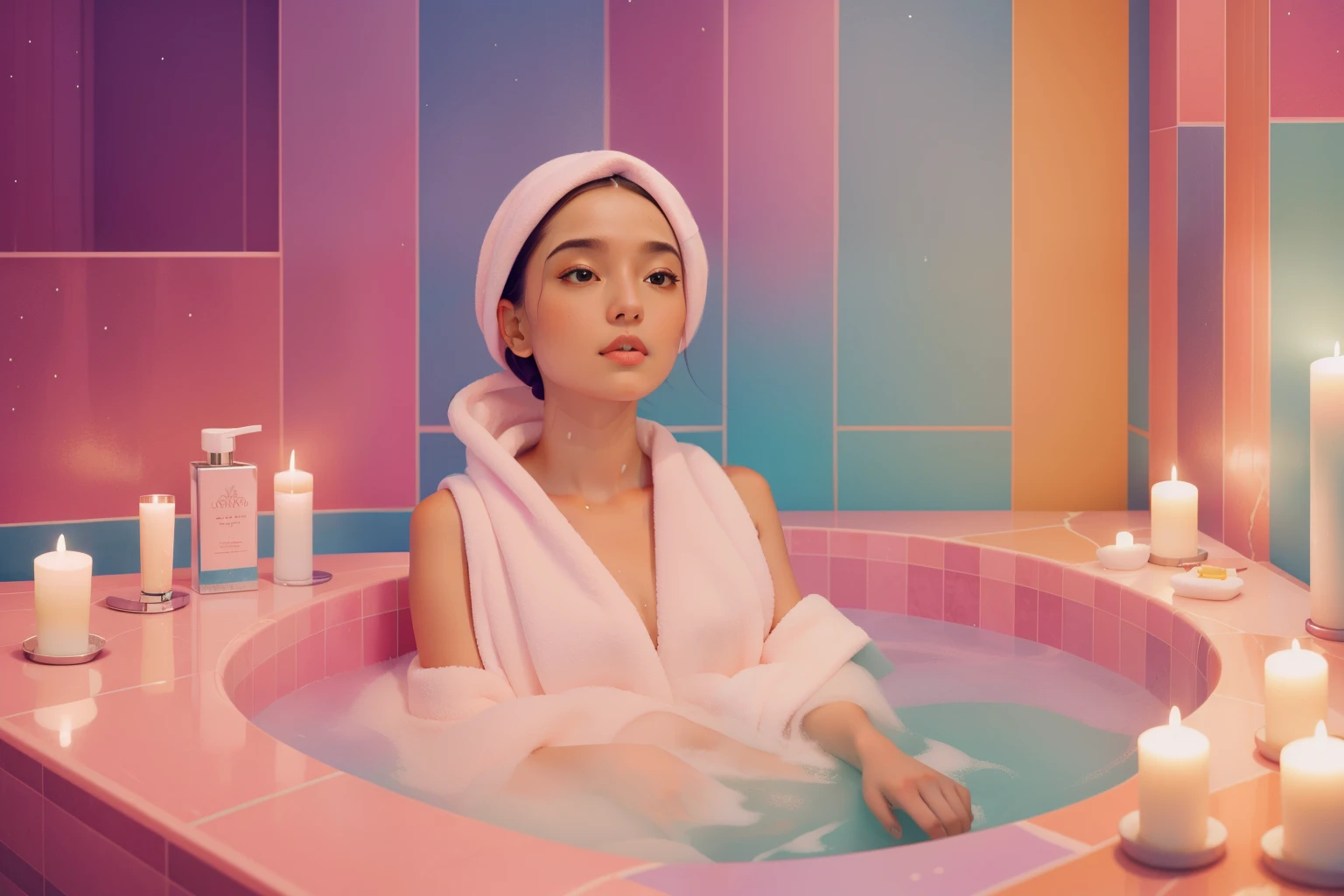 An individual, draped in a vibrant towel, indulges in a luminous spa day surrounded by meticulously arranged bath products. The spa's pastel tones and meticulous order reflect the Wes Anderson style of harmonizing color and composition.
