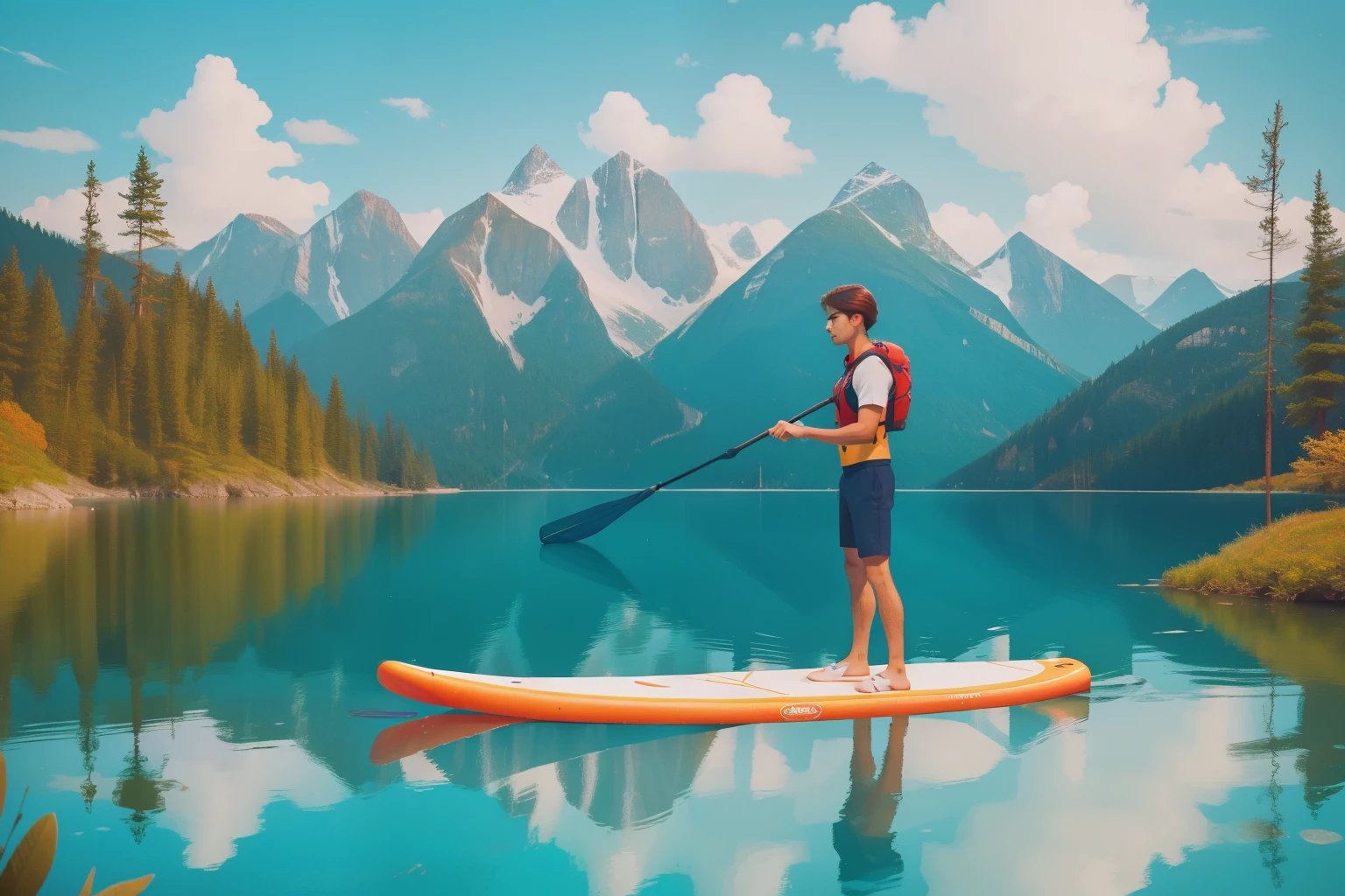 A paddleboarding enthusiast with tousled hair navigates a crystal-clear lake, surrounded by serene landscapes. The vivid colors and meticulous framing emulate Wes Anderson's cinematic approach, turning a simple activity into a visual masterpiece.